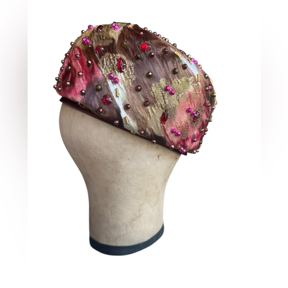 1940s Francois Paris New York Close-Fitted Cap w/Floral Pattern w/Pink & Gold To - Picture 4 of 8